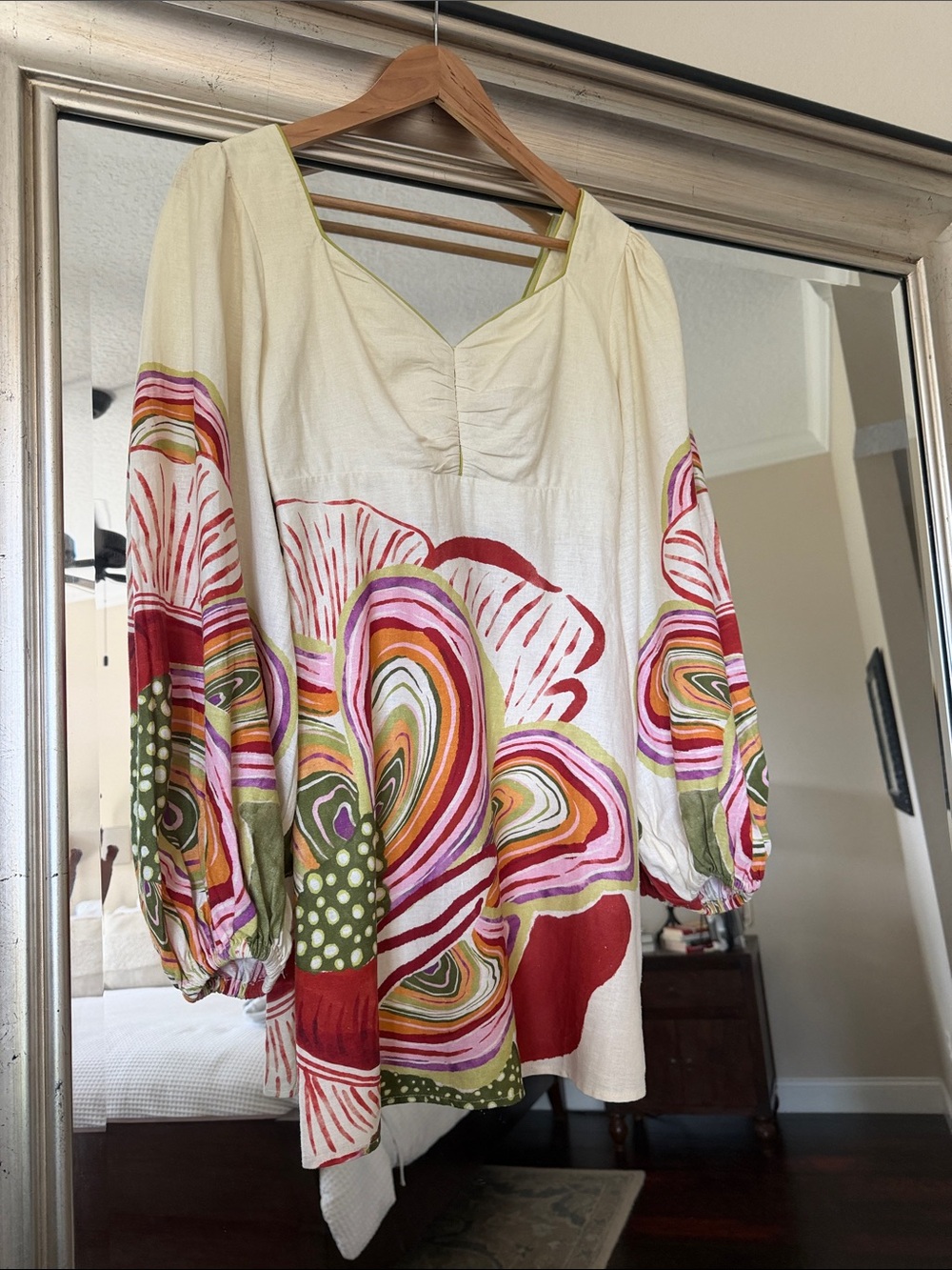 FARM Rio Cream Midi Dress with Red, Pink, Green & Orange Floral Panels